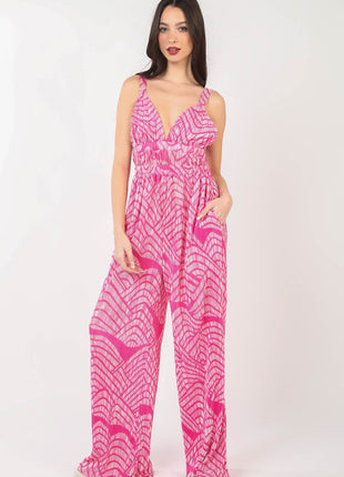 VERY J Printed Pleated Sleeveless Wide Leg Jumpsuit - MimiStylez