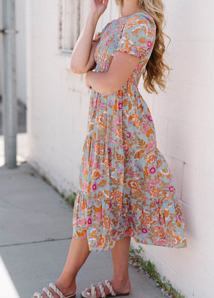 Floral Flounce Sleeve Round Neck Midi Dress - MimiStylez