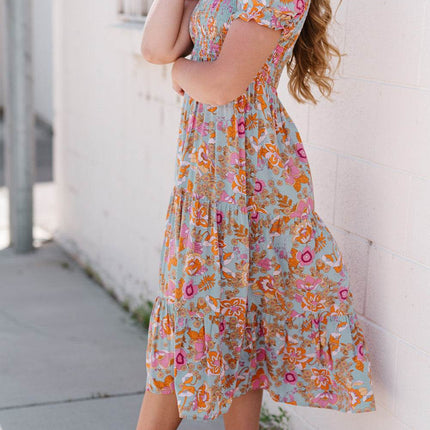 Floral Flounce Sleeve Round Neck Midi Dress - MimiStylez