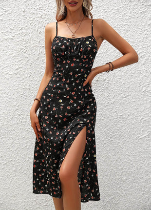 Polka Dot Print Suspender Summer Dress Sexy Split Long Dresses - MimiStylez