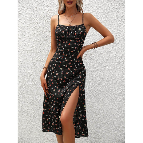Polka Dot Print Suspender Summer Dress Sexy Split Long Dresses - MimiStylez