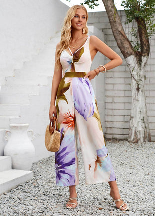 Cutout Printed Wide Strap Jumpsuit - MimiStylez