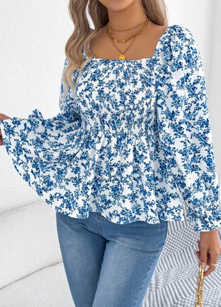 Floral Square Neck Flounce Sleeve Blouse - MimiStylez