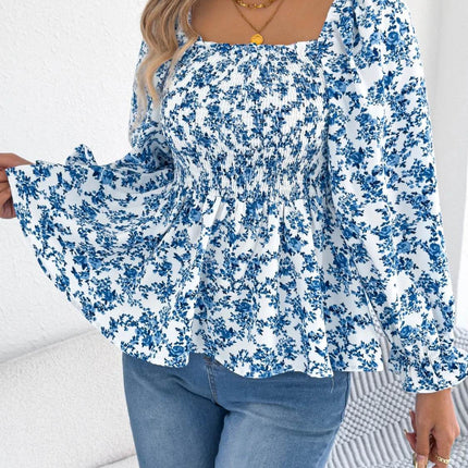 Floral Square Neck Flounce Sleeve Blouse - MimiStylez