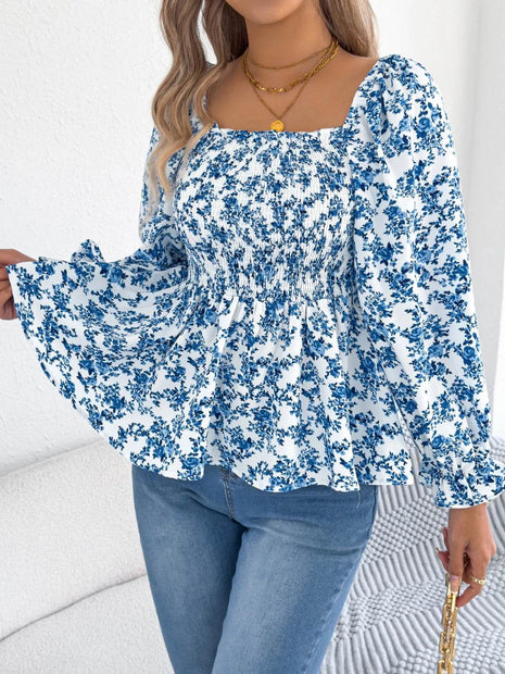 Floral Square Neck Flounce Sleeve Blouse - MimiStylez