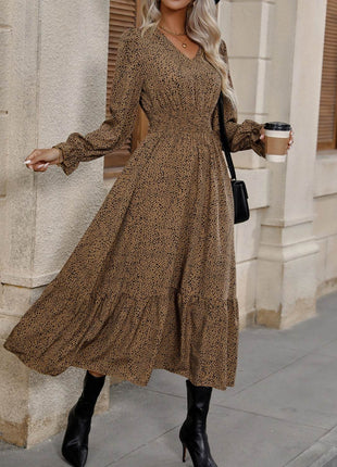 V-Neck Flounce Sleeve Ruffle Hem Dress - MimiStylez