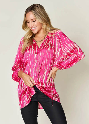 Double Take Full Size Printed Button Up Long Sleeve Shirt - MimiStylez