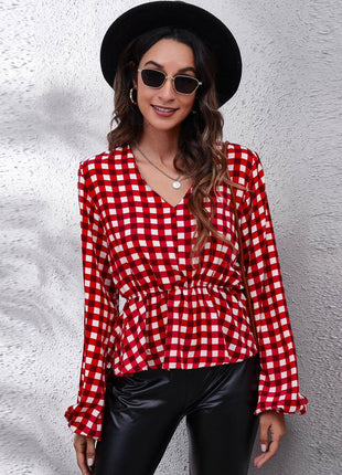 Plaid V-Neck Balloon Sleeve Peplum Blouse - MimiStylez