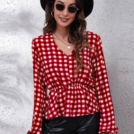 Plaid V-Neck Balloon Sleeve Peplum Blouse - MimiStylez