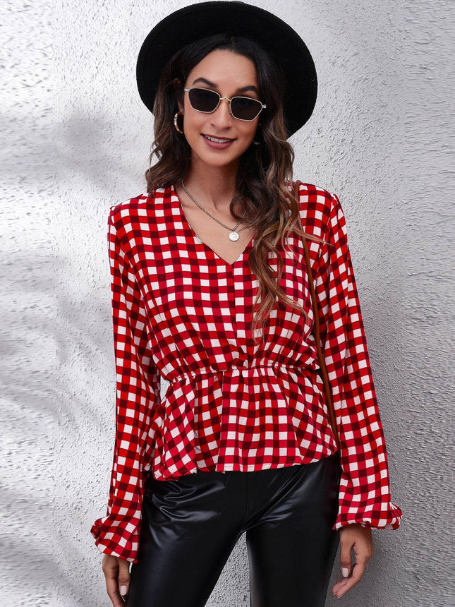 Plaid V-Neck Balloon Sleeve Peplum Blouse - MimiStylez