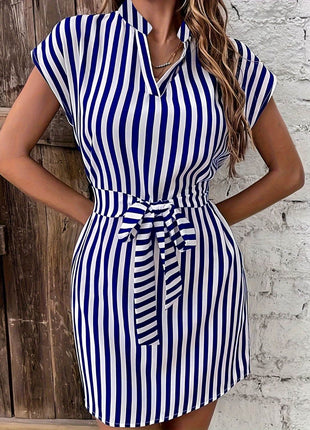 Tied Striped Cap Sleeve Mini Dress - MimiStylez