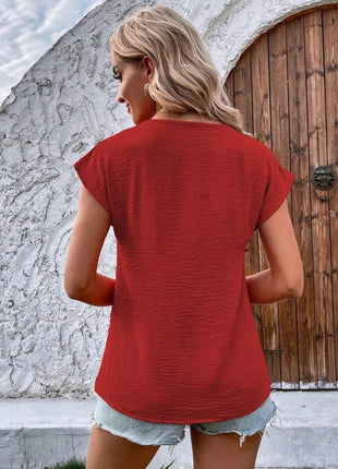 Decorative Button V-Neck Short Sleeve Blouse - MimiStylez