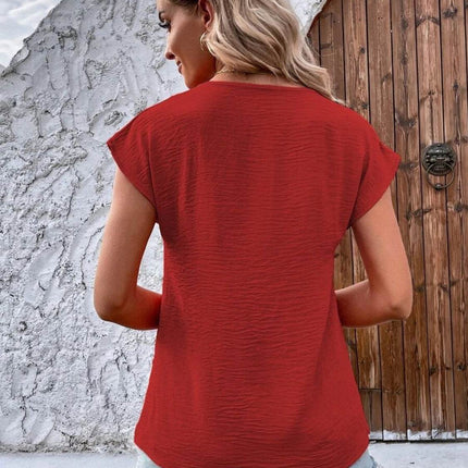 Decorative Button V-Neck Short Sleeve Blouse - MimiStylez