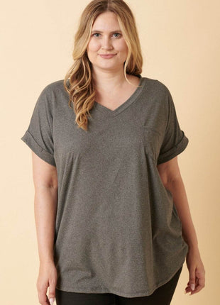 Mittoshop Full Size V-Neck Rolled Short Sleeve T-Shirt - MimiStylez