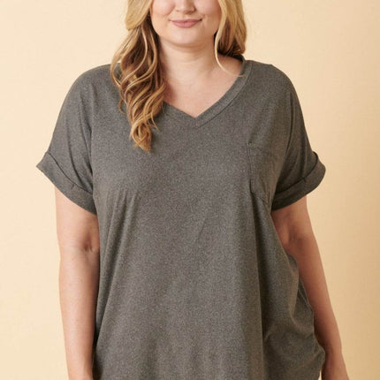 Mittoshop Full Size V-Neck Rolled Short Sleeve T-Shirt - MimiStylez