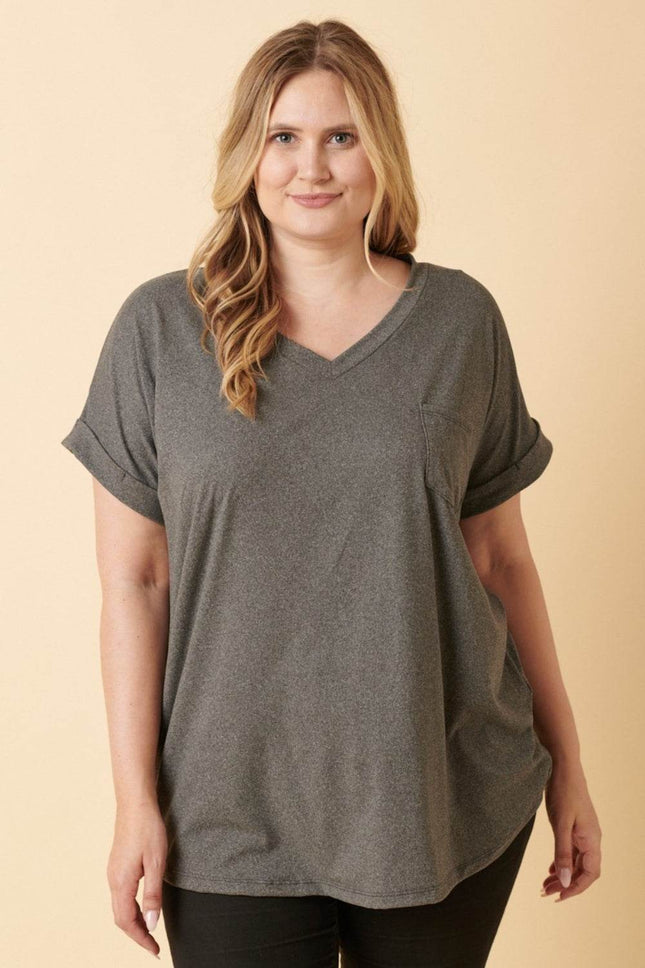Mittoshop Full Size V-Neck Rolled Short Sleeve T-Shirt - MimiStylez