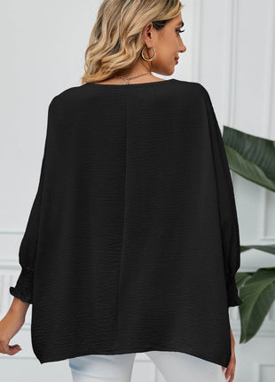 Smocked Lantern Sleeve Round Neck Blouse - MimiStylez