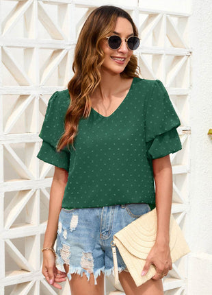 Swiss Dot V-Neck Short Sleeve Blouse - MimiStylez