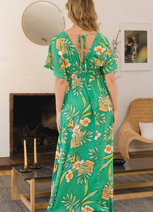 ODDI Full Size Floral Smocked Tied Back Maxi Dress - MimiStylez