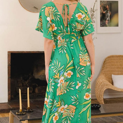 ODDI Full Size Floral Smocked Tied Back Maxi Dress - MimiStylez