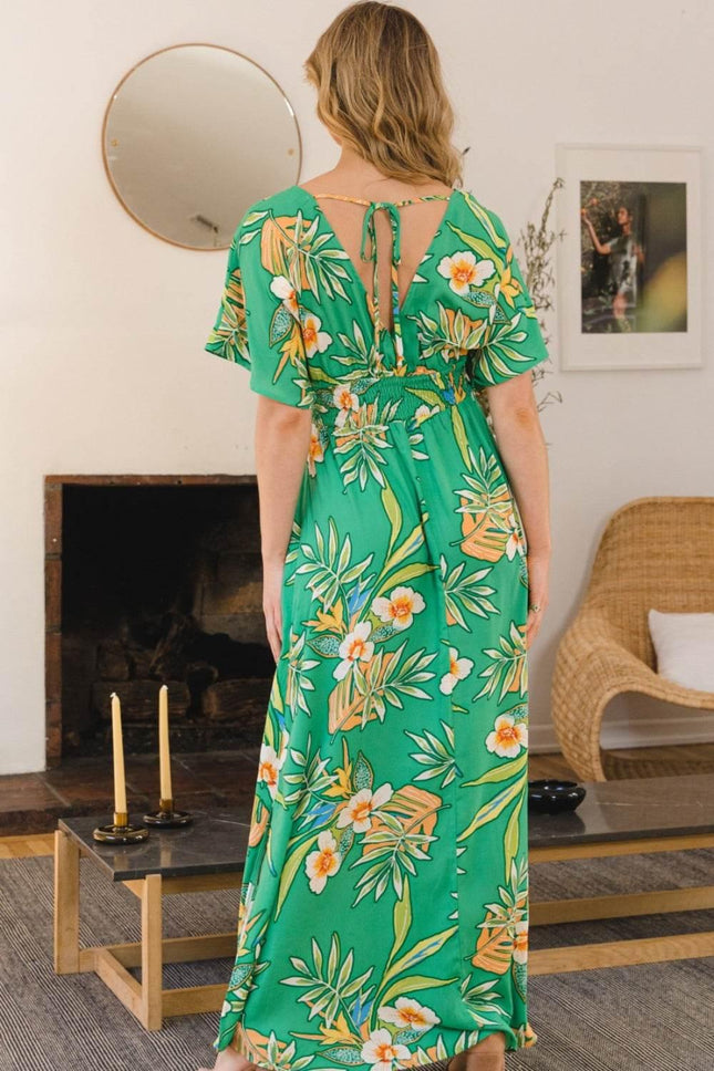 ODDI Full Size Floral Smocked Tied Back Maxi Dress - MimiStylez