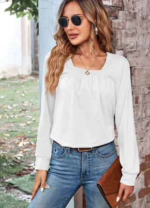 Ruched Square Neck Long Sleeve T-Shirt - MimiStylez
