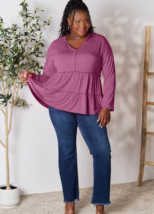 Double Take Half Button Long Sleeve Ruffle Hem Blouse - MimiStylez