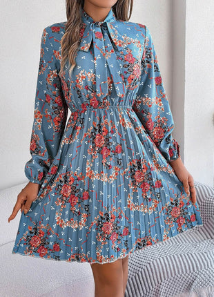Pleated Printed Tie Neck Long Sleeve Dress - MimiStylez