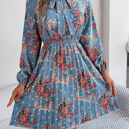Pleated Printed Tie Neck Long Sleeve Dress - MimiStylez