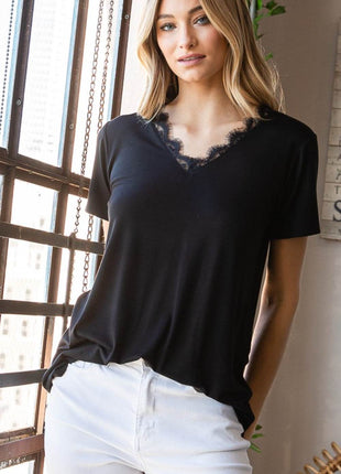 Heimish Lace Detail V-Neck Short Sleeve T-Shirt - MimiStylez