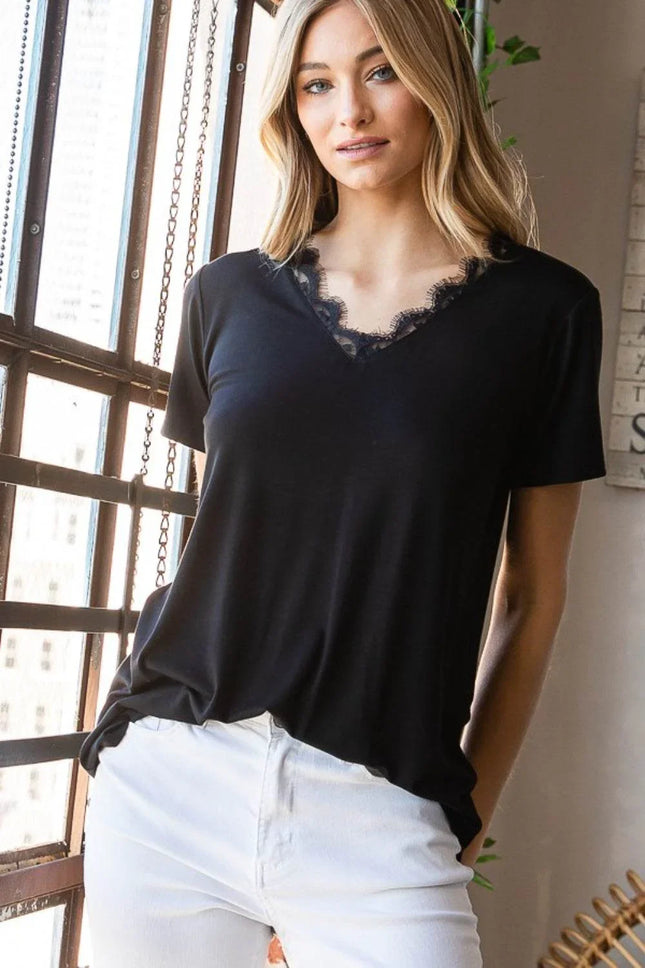 Heimish Lace Detail V-Neck Short Sleeve T-Shirt - MimiStylez