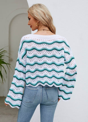 Round Neck Openwork Flare Sleeve Knit Top - MimiStylez