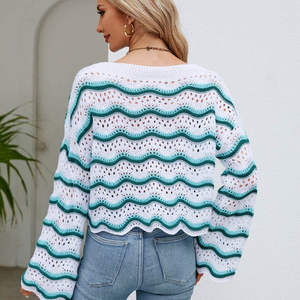 Round Neck Openwork Flare Sleeve Knit Top - MimiStylez