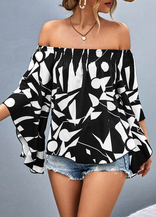 Printed Off-Shoulder Bell Sleeve Blouse - MimiStylez