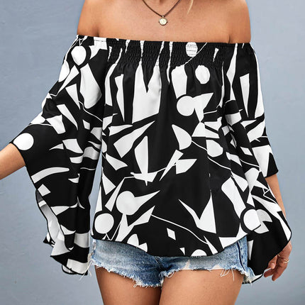 Printed Off-Shoulder Bell Sleeve Blouse - MimiStylez