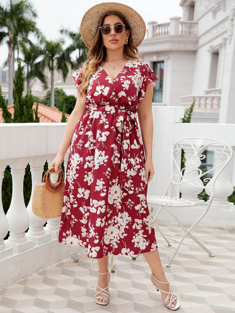 Plus Size Floral Tie Waist Surplice Neck Midi Dress - MimiStylez