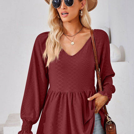 V-Neck Lantern Sleeve Blouse - MimiStylez