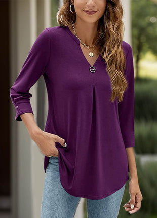 Notched Three-Quarter Sleeve T-Shirt - MimiStylez