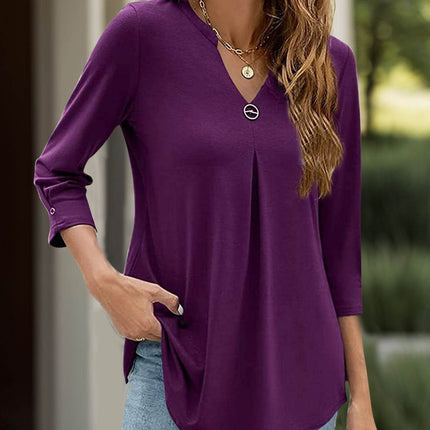 Notched Three-Quarter Sleeve T-Shirt - MimiStylez