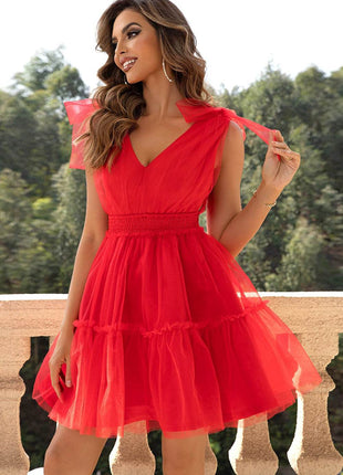 V-Neck Shoulder Detail Mesh Dress - MimiStylez