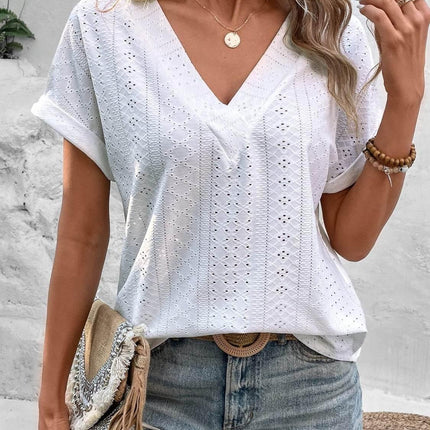 Eyelet V-Neck Short Sleeve Blouse - MimiStylez