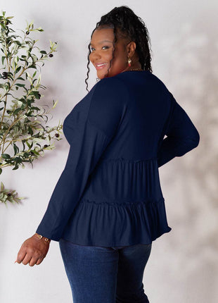 Double Take Half Button Long Sleeve Ruffle Hem Blouse - MimiStylez