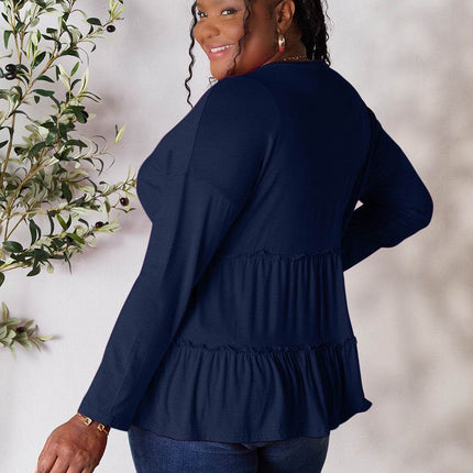 Double Take Half Button Long Sleeve Ruffle Hem Blouse - MimiStylez