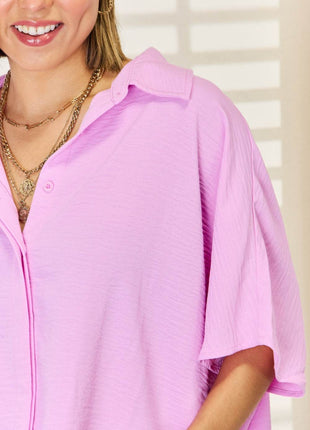 Zenana Texture Button Up Short Sleeve High-Low Shirt - MimiStylez