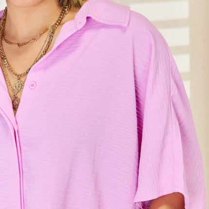Zenana Texture Button Up Short Sleeve High-Low Shirt - MimiStylez