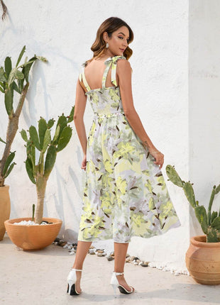 Smocked Printed Square Neck Midi Dress - MimiStylez