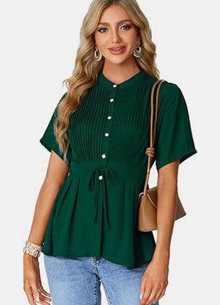 Tied Round Neck Short Sleeve Blouse - MimiStylez