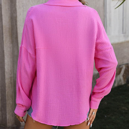 Textured Pocketed Button Up Dropped Shoulder Shirt - MimiStylez