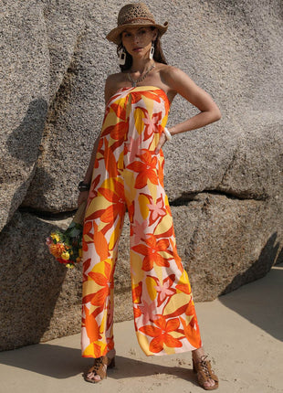 Tied Printed Tube Wide Leg Jumpsuit - MimiStylez