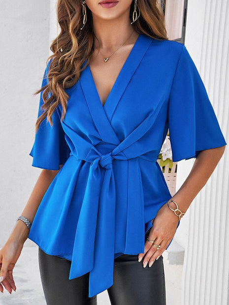Surplice Tie Waist Half Sleeve Blouse - MimiStylez